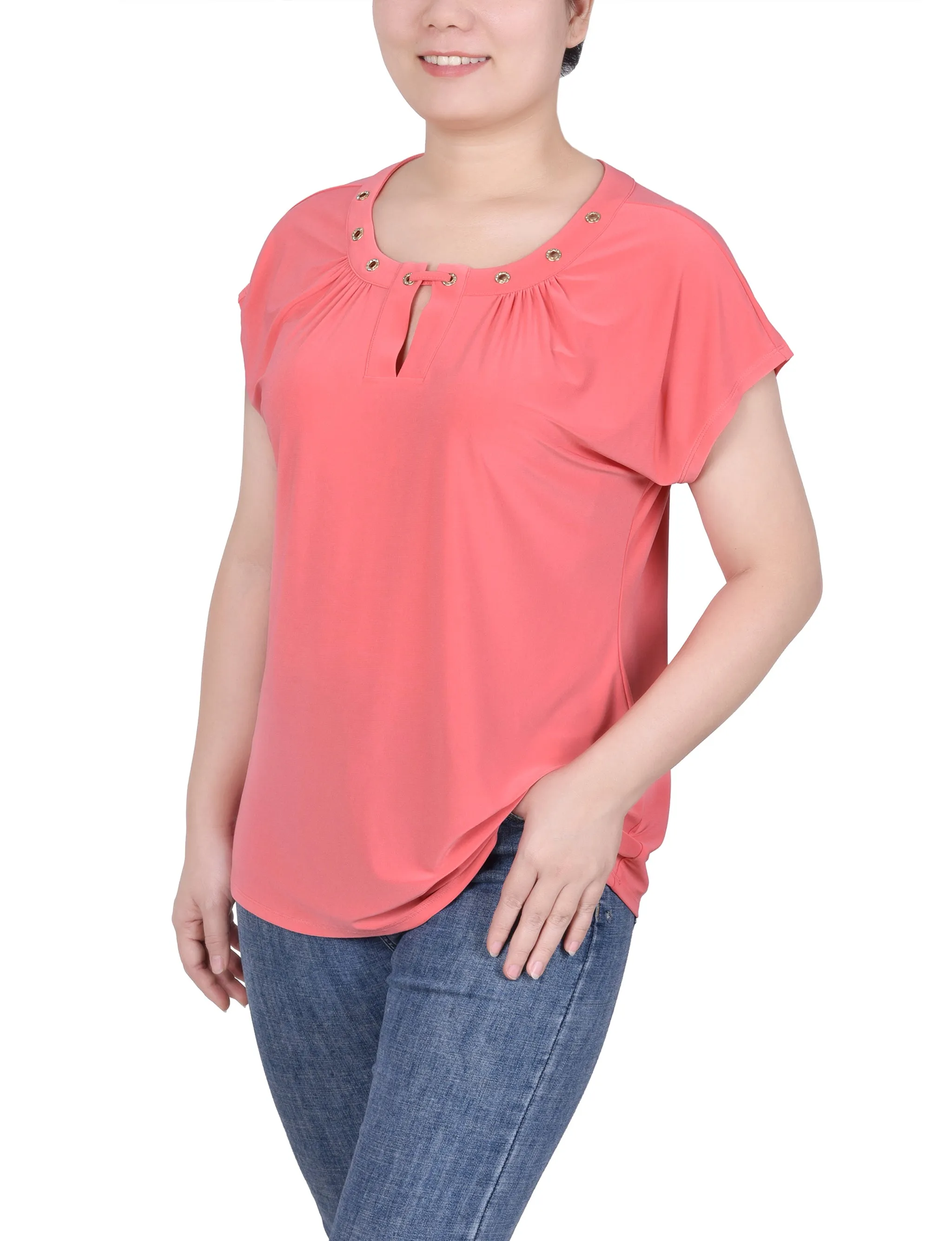 Short Extended-Sleeve Grommet Neck Knit Top