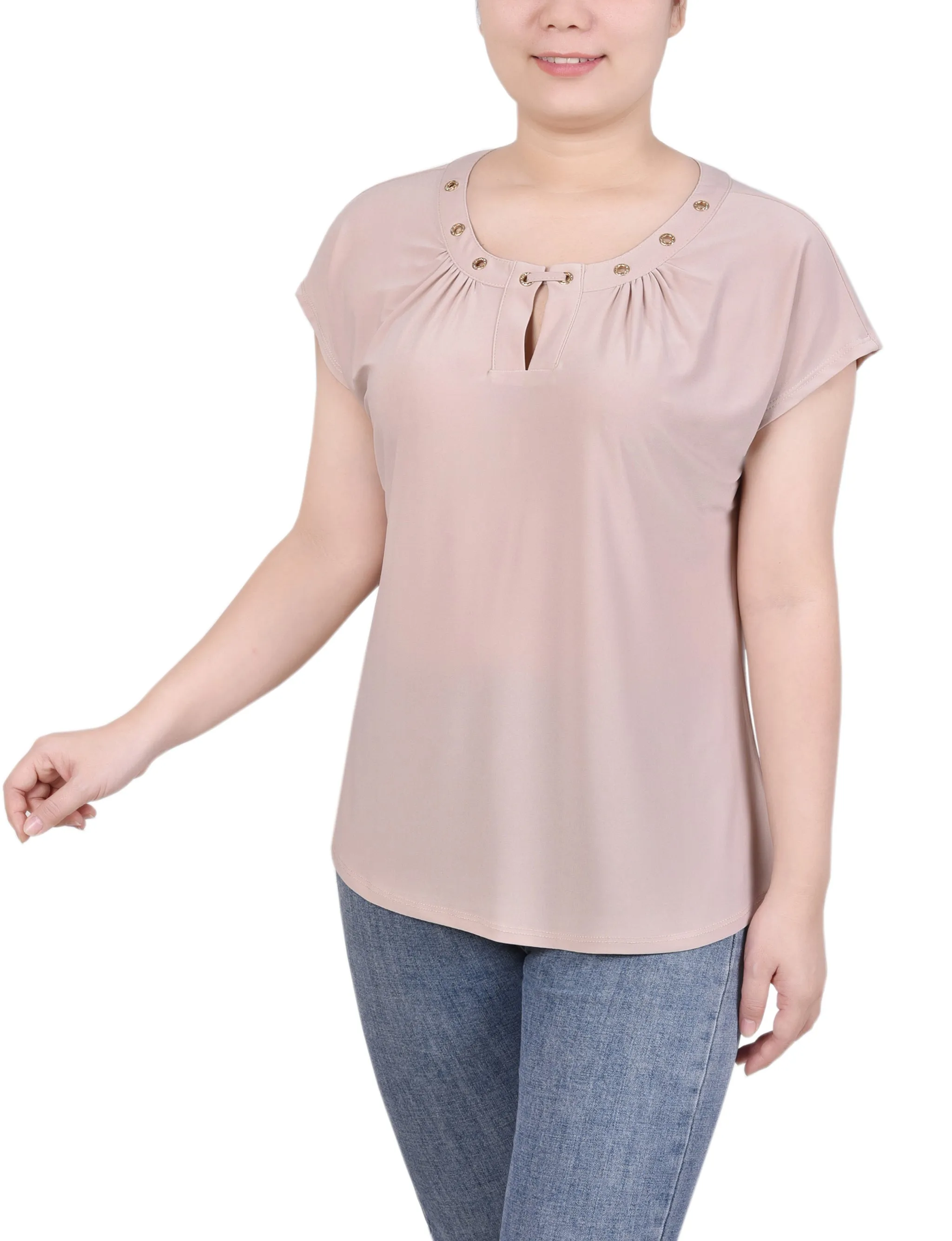 Short Extended-Sleeve Grommet Neck Knit Top