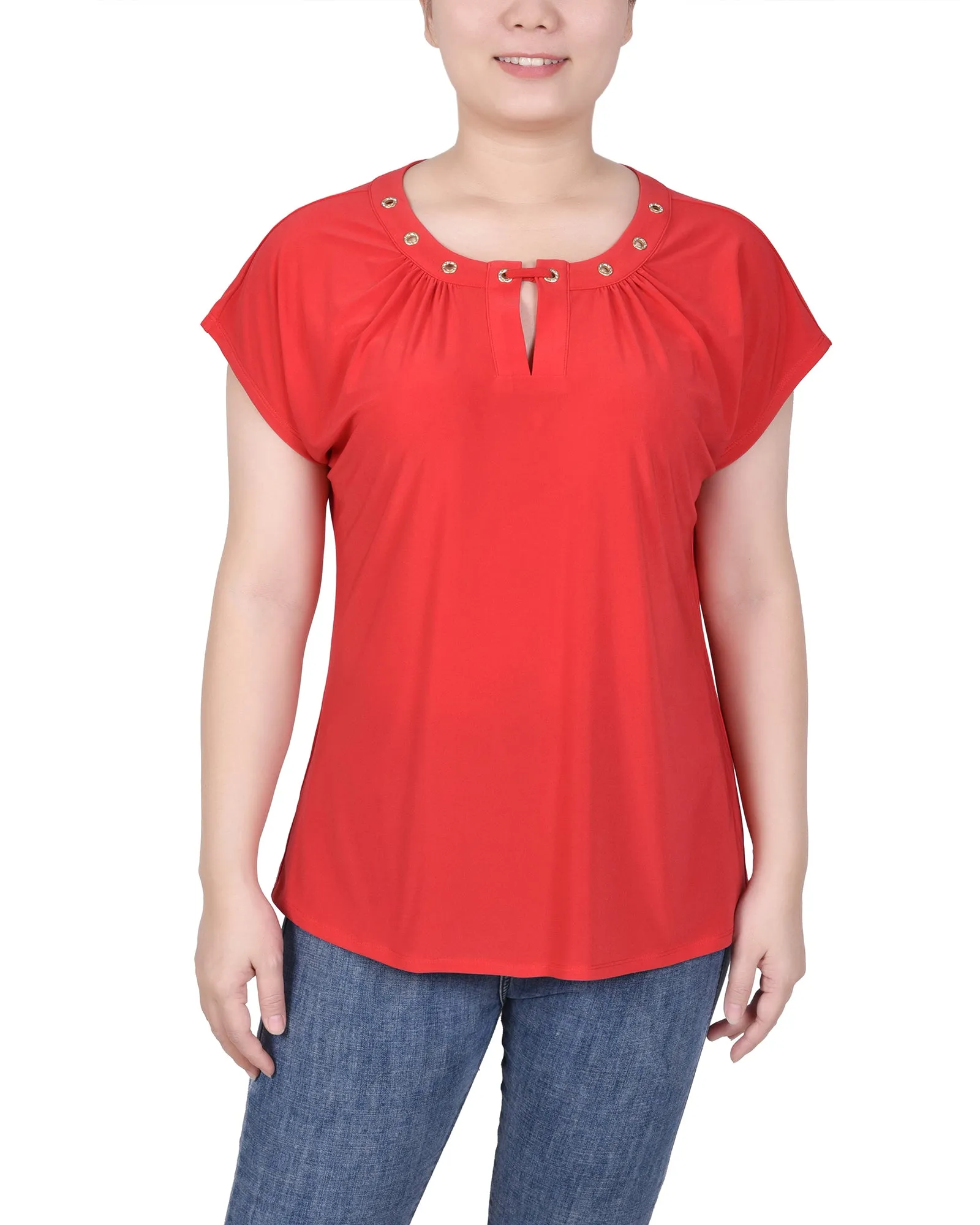 Short Extended-Sleeve Grommet Neck Knit Top