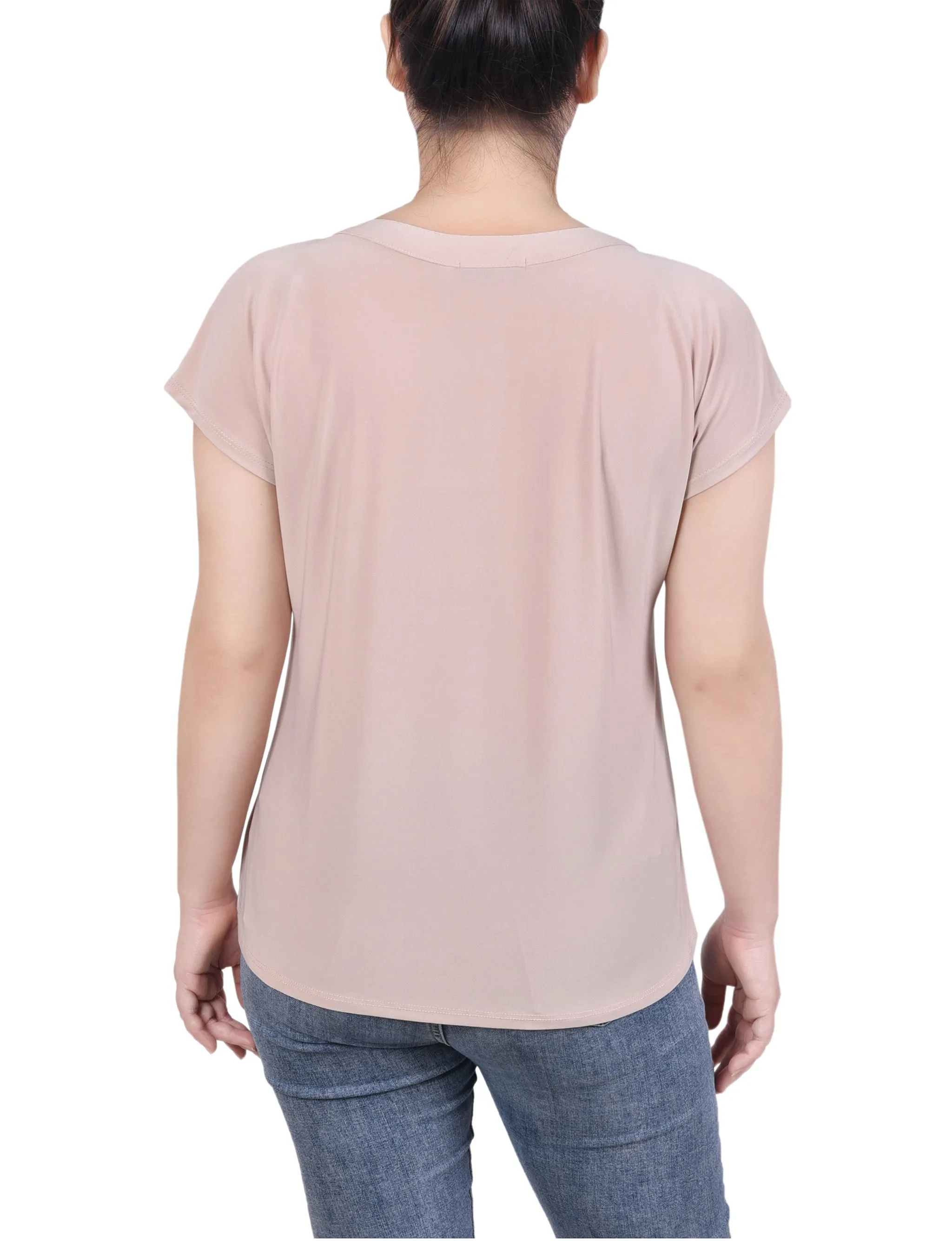 Short Extended-Sleeve Grommet Neck Knit Top