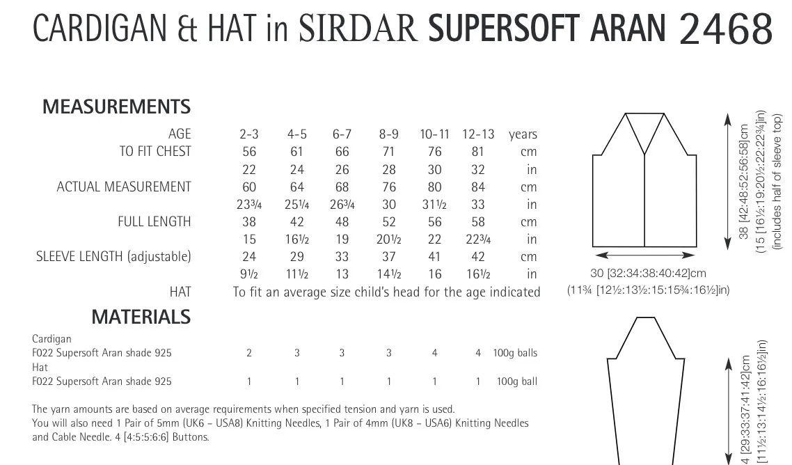 Sirdar Supersoft Aran Cardigan Knitting Pattern Sizes 2-13yrs 2468