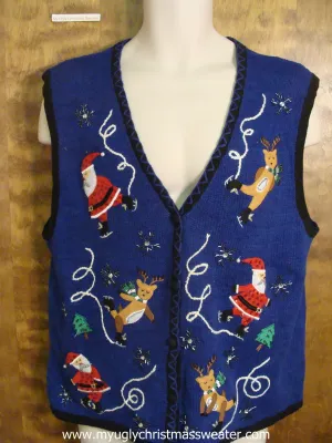 Skating Santas and Reindeer Ugly Christmas Sweater Vest