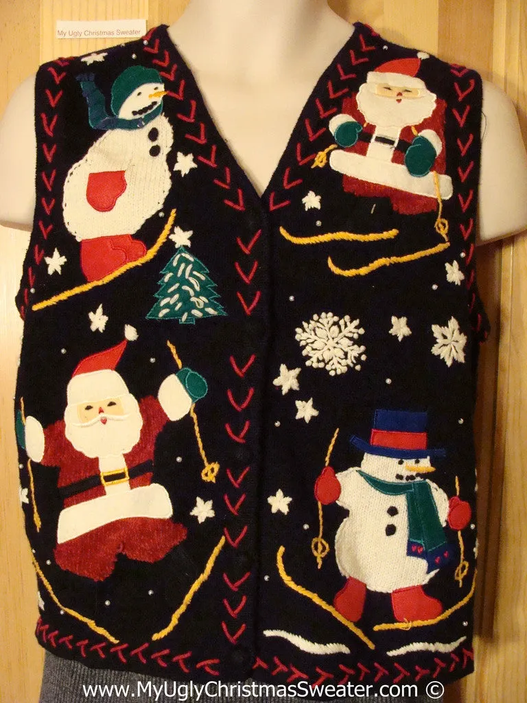 Ski Themed Tacky Christmas Sweater Party Ugly Sweater Vest Skiing Santa and Snowmen (f927)