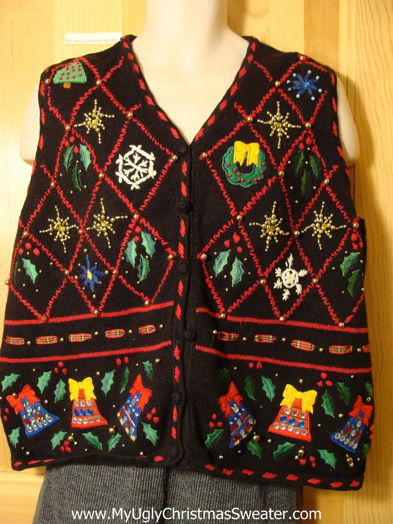 Tacky Cheap Ugly Christmas Sweater Vest with Festive Bling Bead Decorations (f630)