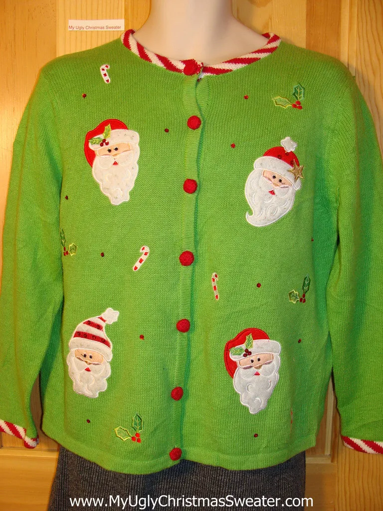 Tacky Cheap Ugly Green Christmas Sweater with Candy Cane Trim and Santa Head Decorations  (f672)