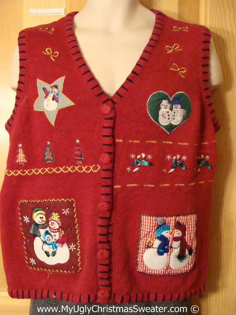 Tacky Cheesy Holiday Sweater Vest with Crafty Patchwork Style Snowman Friends  (f1152)