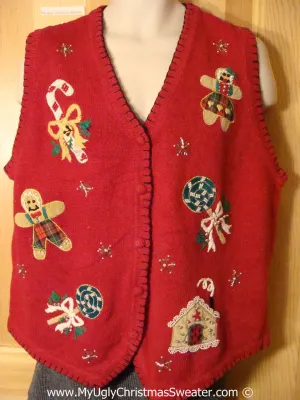 Tacky Christmas Sweater Party Cheap Ugly Christmas Sweater Vest with Gingerbread Men and Candy Canes  (f1024)