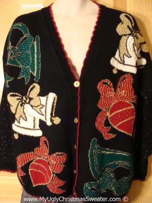 Tacky Christmas Sweater Party Classic 80s Ugly Sweater Cardigan with Huge Bells and Ornaments (f1032)