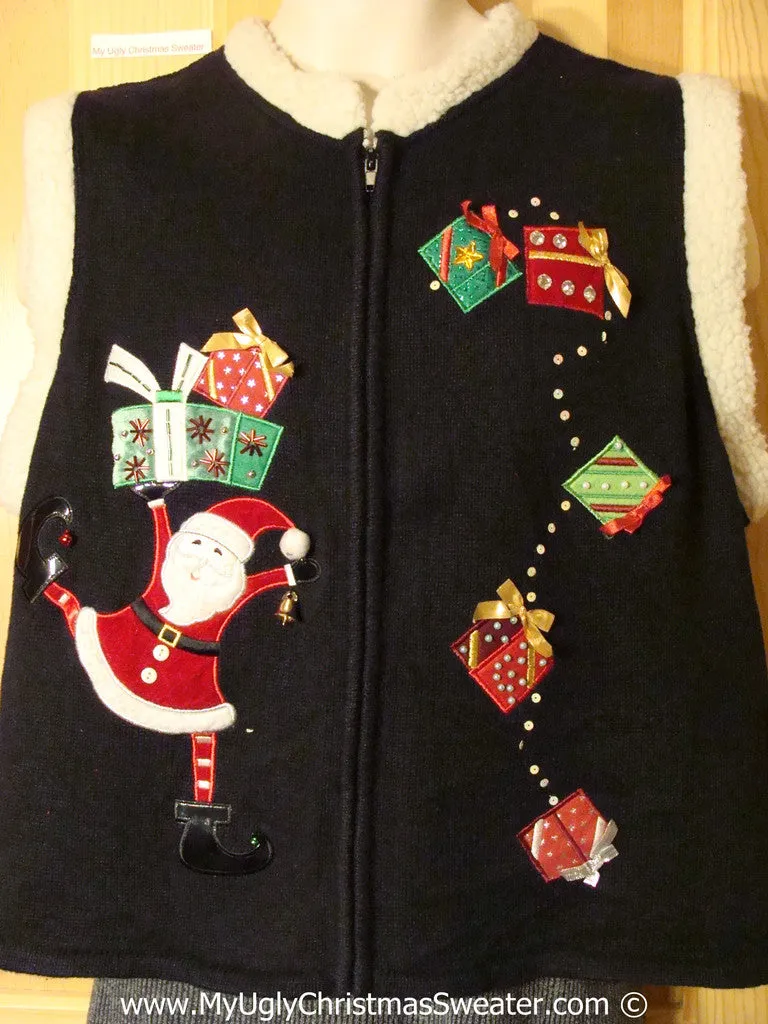 Tacky Christmas Sweater Party Ugly Sweater Vest with Bling Santa in Candy Cane Stockings and Bling Gifts (f990)