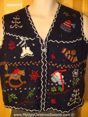 Tacky Holiday Sweater Vest with Crafty Embroidered Grid of Decorations Including Hat, Skates, Scarf,  Mittens, Rocking Horse and Tree.  (f1061)