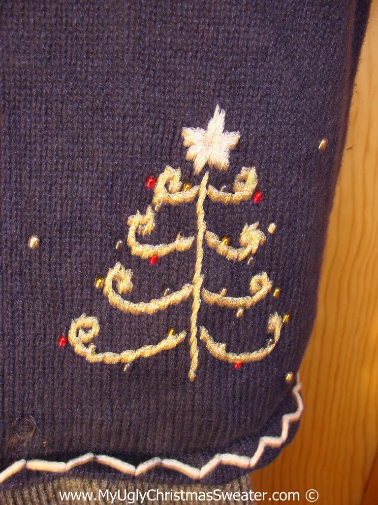 Tacky Holiday Sweater Vest with Crafty Embroidered Grid of Decorations Including Hat, Skates, Scarf,  Mittens, Rocking Horse and Tree.  (f1061)