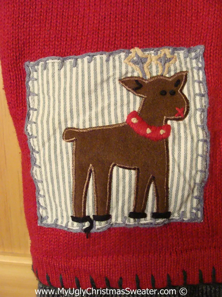 Tacky Holiday Sweater  Vest with Crafty Patchwork Theme with Reindeer, Mitten, Snowflake, and Tree  (f1018)