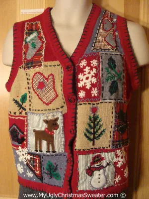 Tacky Holiday Sweater  Vest with Crafty Patchwork Theme with Reindeer, Mitten, Snowflake, and Tree  (f1018)