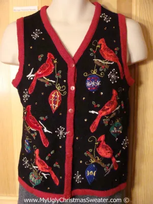 Tacky Holiday Sweater Vest with Festive Red Cardinals and Ornaments (f1011)