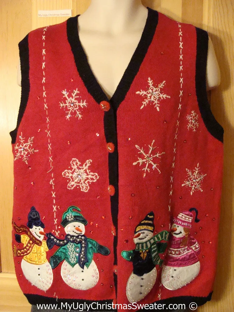 Tacky Holiday Sweater  Vest with Four Festive Carrot Nosed Snowman Friends (f1012)