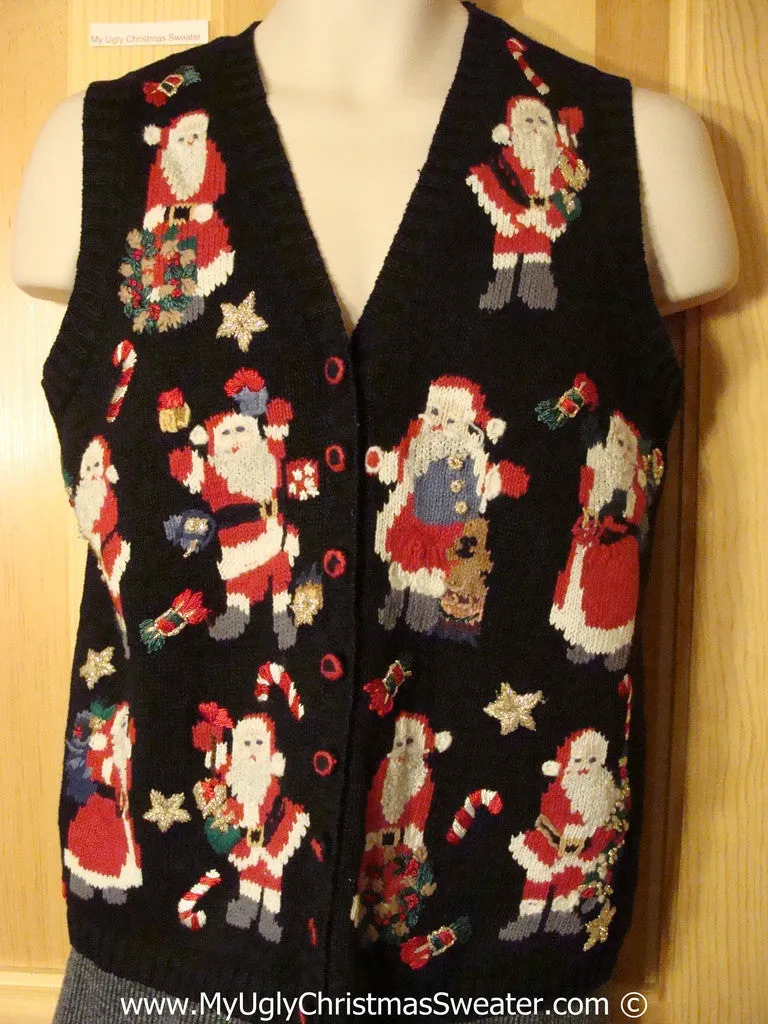 Tacky Holiday Sweater  Vest with Many Santas and Candy Canes (f1066)