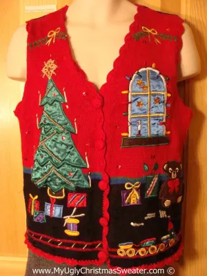 Tacky Holiday Sweater Vest with Satiny Shiny Tree and Window Scene with Gifts  (f1017)