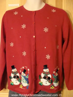 Tacky Red Christmas Sweater with Snowmen Juggling Snowballs (f1336)