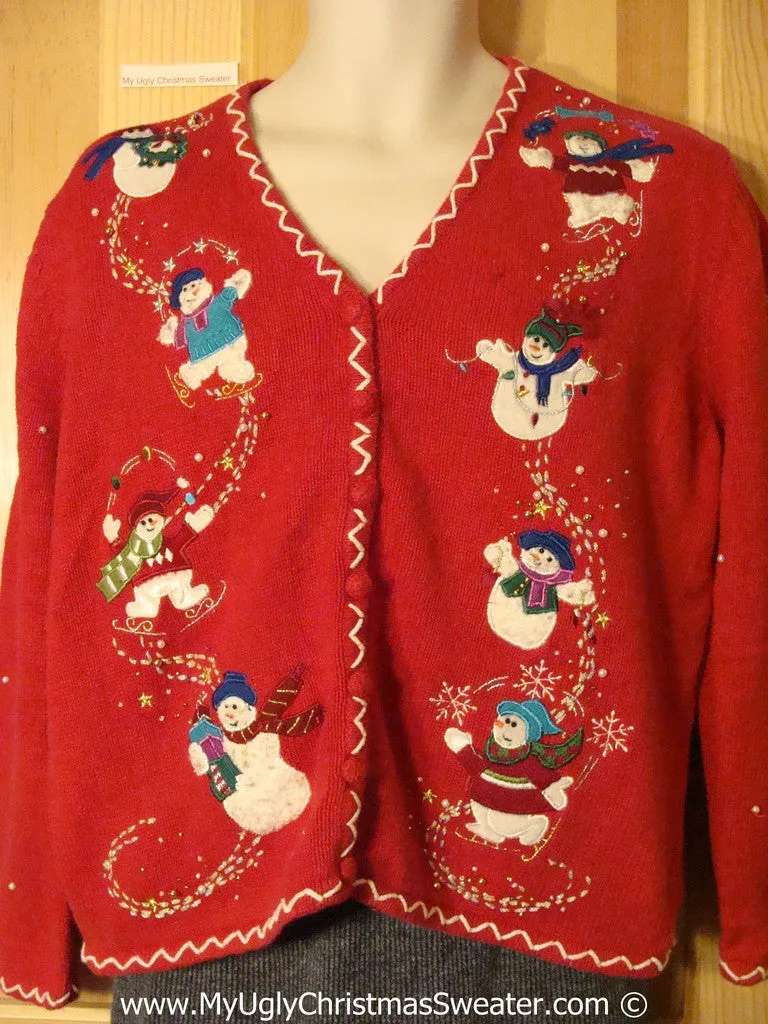 Tacky Red Holiday Sweater with Festive Snowmen Sledding (f1079)