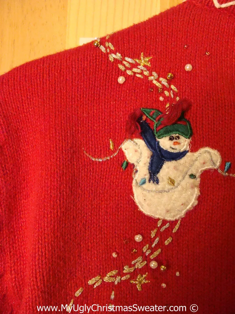 Tacky Red Holiday Sweater with Festive Snowmen Sledding (f1079)