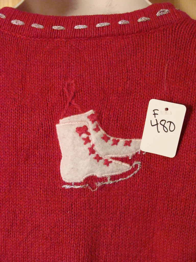 Tacky Red Ugly Christmas Sweater with Skates (f480)