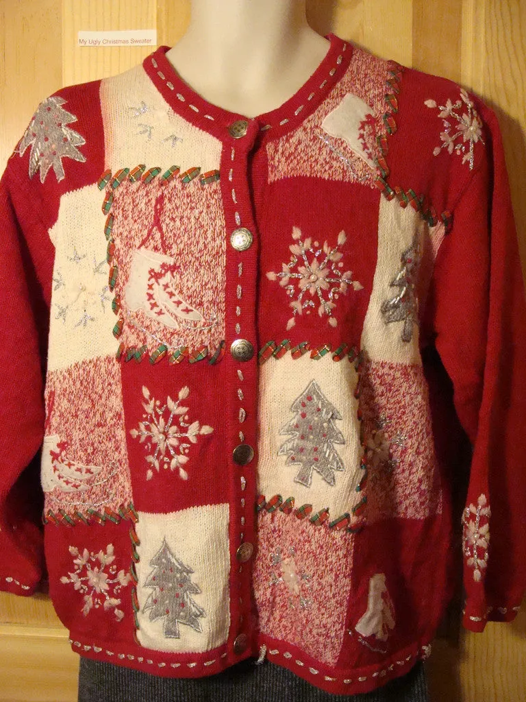 Tacky Red Ugly Christmas Sweater with Skates (f480)