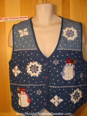 Tacky Ugly Christmas Sweater Vest Crafty Quilted Snowmen and Snowflakes (f165)