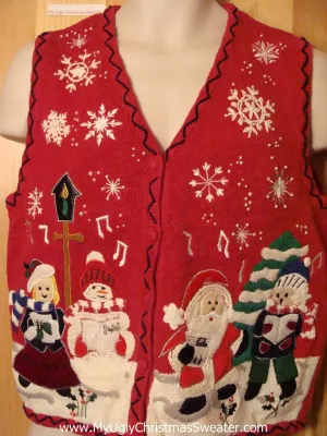 Tacky Ugly Christmas Sweater Vest Festive Santa and Snowman and Children in a Winter Wonderland  (f407)