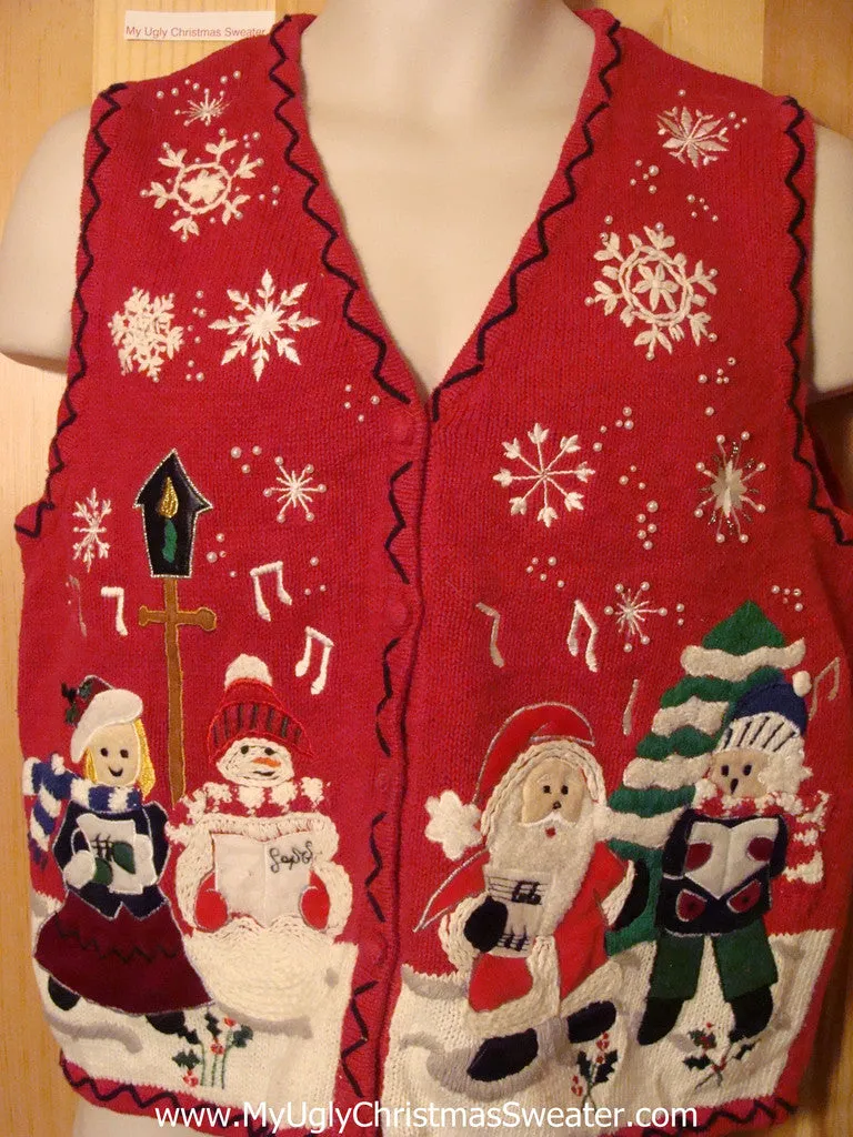 Tacky Ugly Christmas Sweater Vest Festive Santa and Snowman and Children in a Winter Wonderland  (f407)