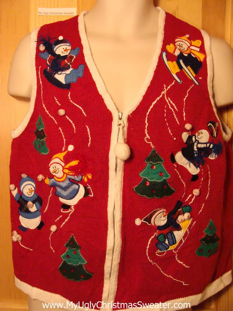 Tacky Ugly Christmas Sweater Vest with Frolicking Festive Snowmen Skating and Skiing (f255)