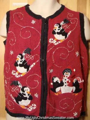 Tacky Ugly Christmas Sweater Vest with Penguins Skiing  (f326)