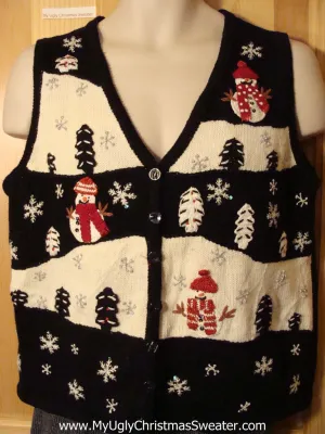 Tacky Ugly Christmas Sweater Vest with Snowmen in a Winter Wonderland (f711)