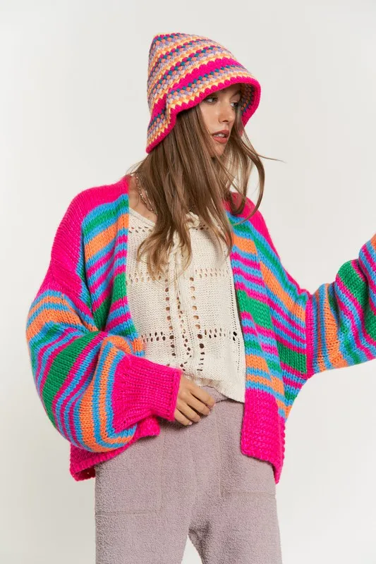 TEEK - Chunky Knit Multi-Striped Open Cardigan