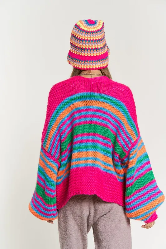 TEEK - Chunky Knit Multi-Striped Open Cardigan