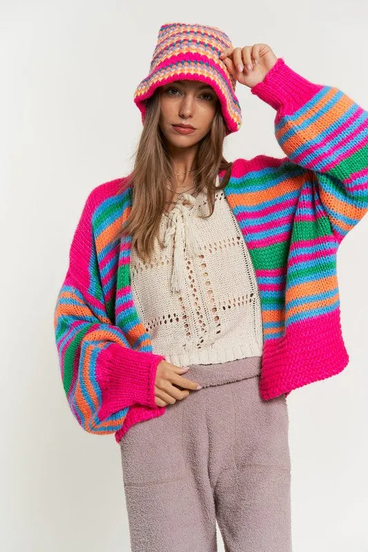 TEEK - Chunky Knit Multi-Striped Open Cardigan