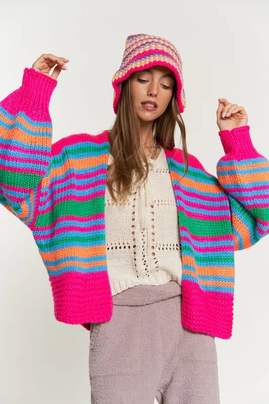 TEEK - Chunky Knit Multi-Striped Open Cardigan