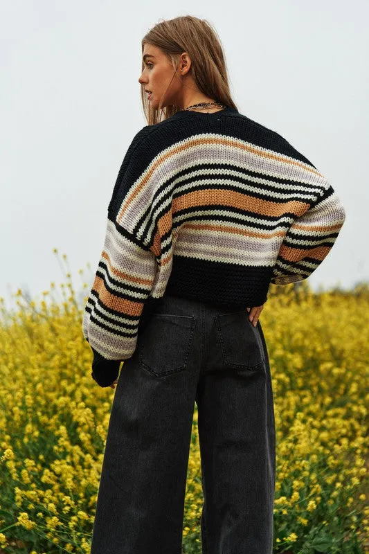 TEEK - Chunky Knit Multi-Striped Open Cardigan