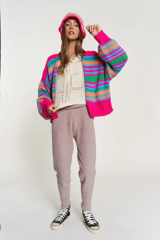 TEEK - Chunky Knit Multi-Striped Open Cardigan