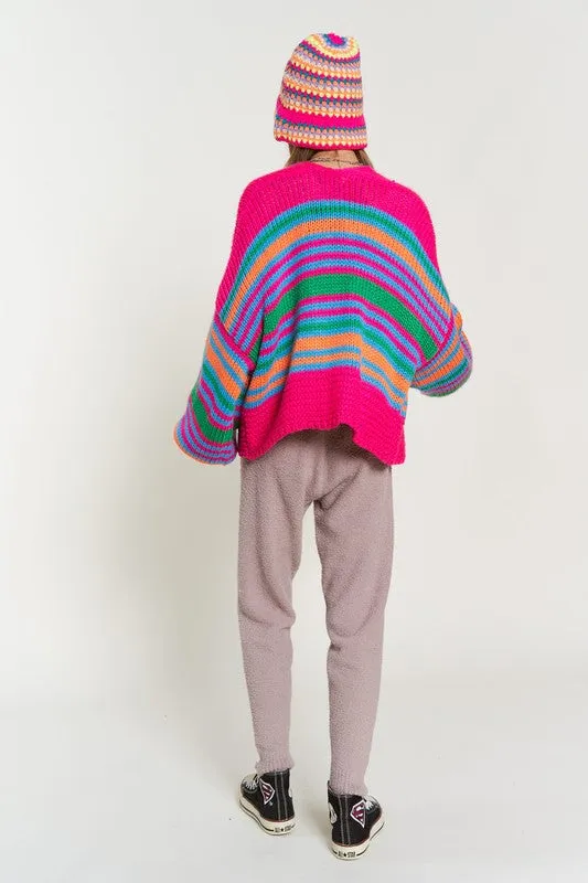 TEEK - Chunky Knit Multi-Striped Open Cardigan