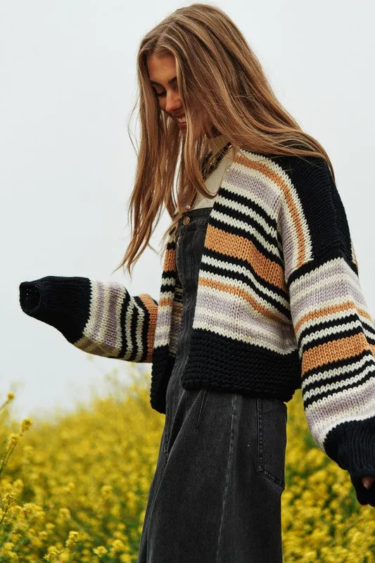 TEEK - Chunky Knit Multi-Striped Open Cardigan