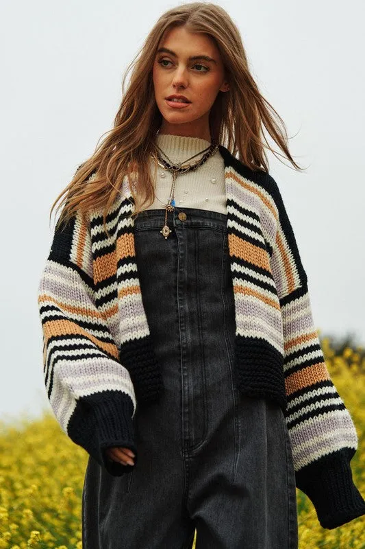 TEEK - Chunky Knit Multi-Striped Open Cardigan