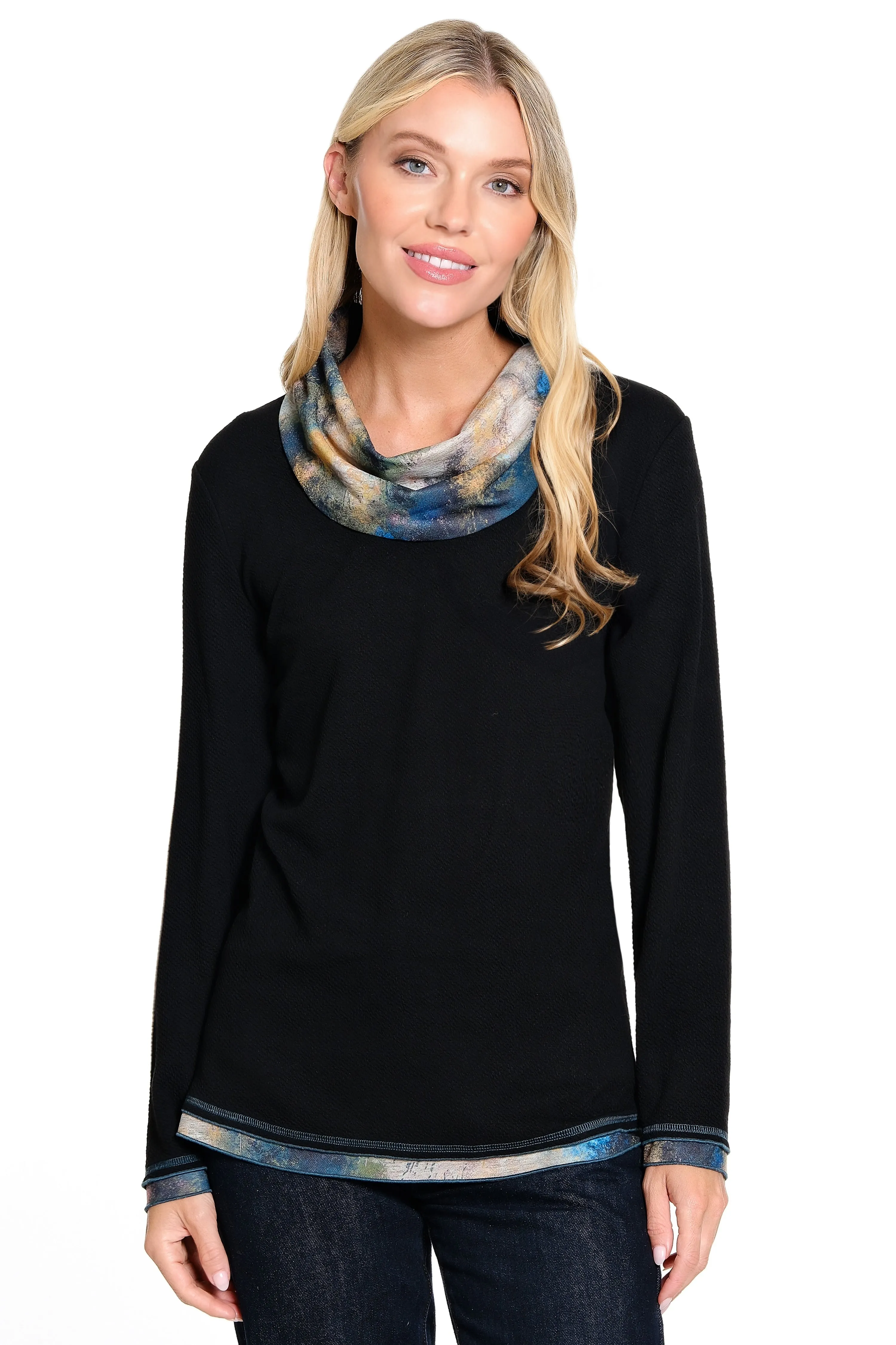 Textured Cowl Neck Tunic - Petite - Black