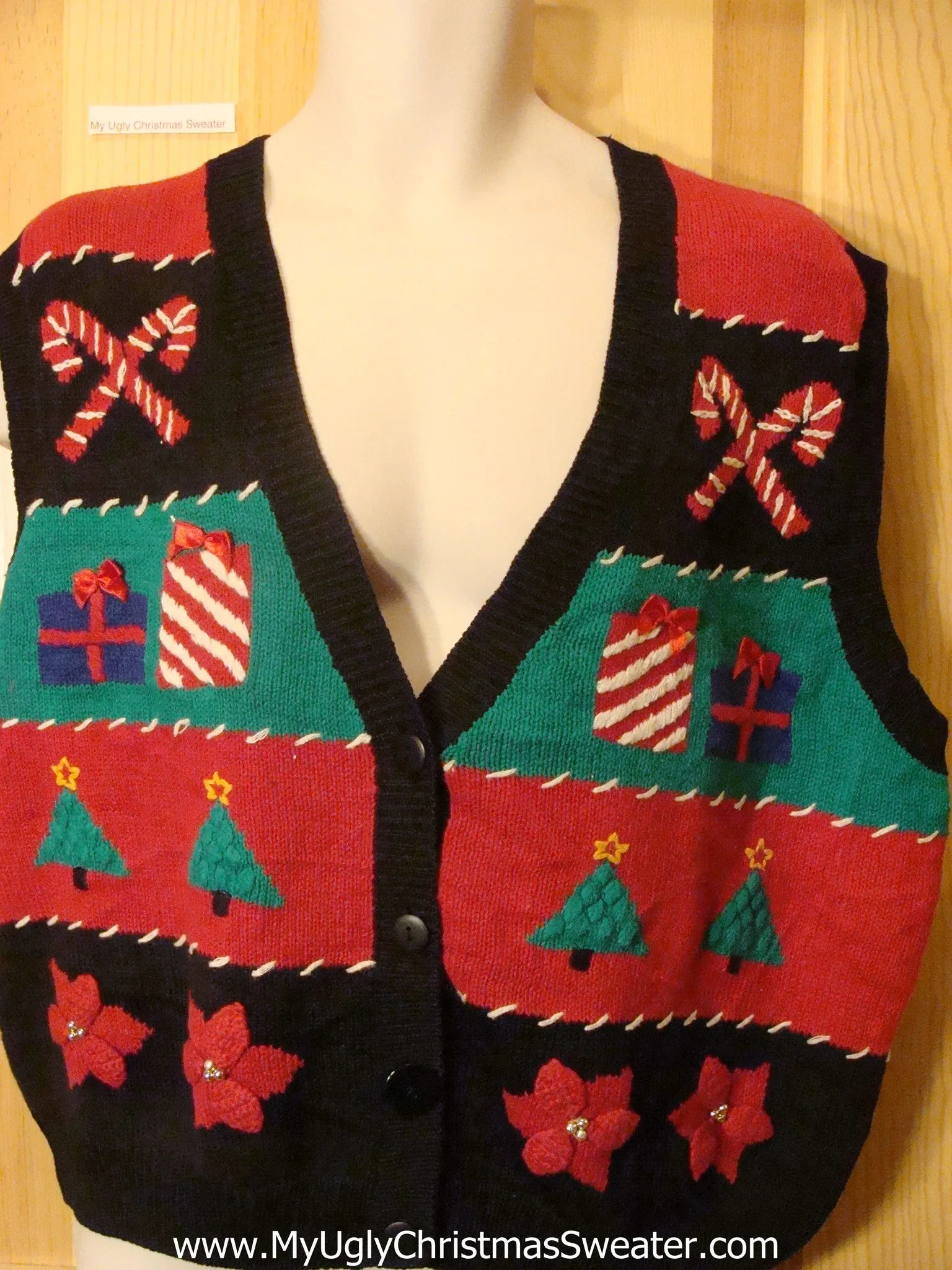 Ugly Christmas Sweater Vest Candycanes, Poinsettias