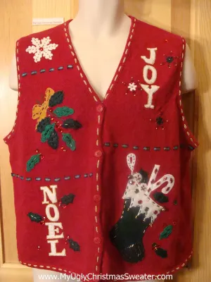 Ugly Christmas Sweater Vest Crafty JOY NOEL and Stocking