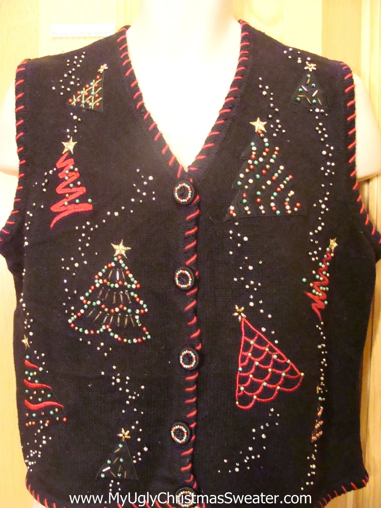 Ugly Christmas Sweater Vest with Bead Bling Trees