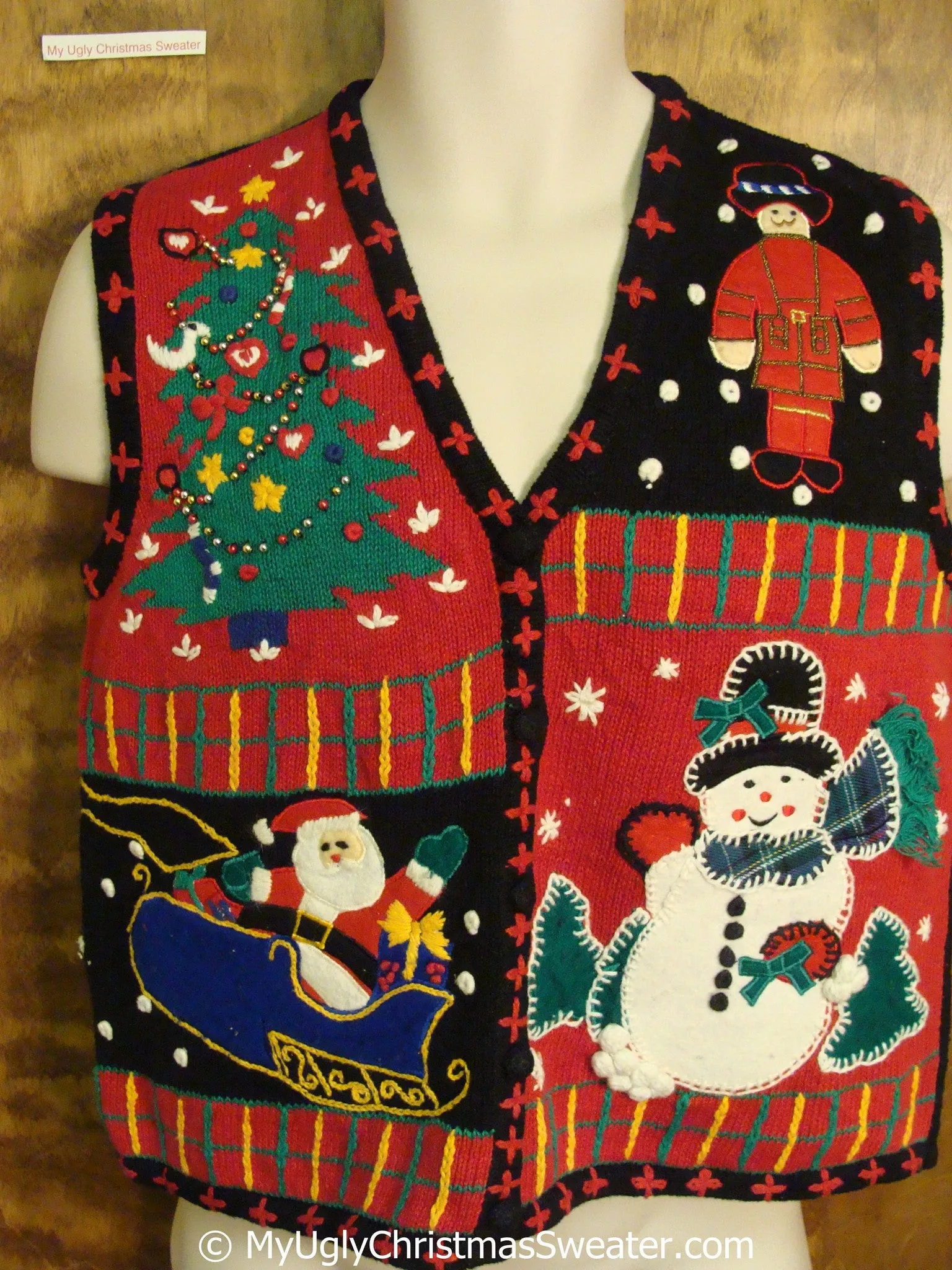 Ugly Christmas Sweater Vest with Nutcracker, Santa, Tree and Snowman