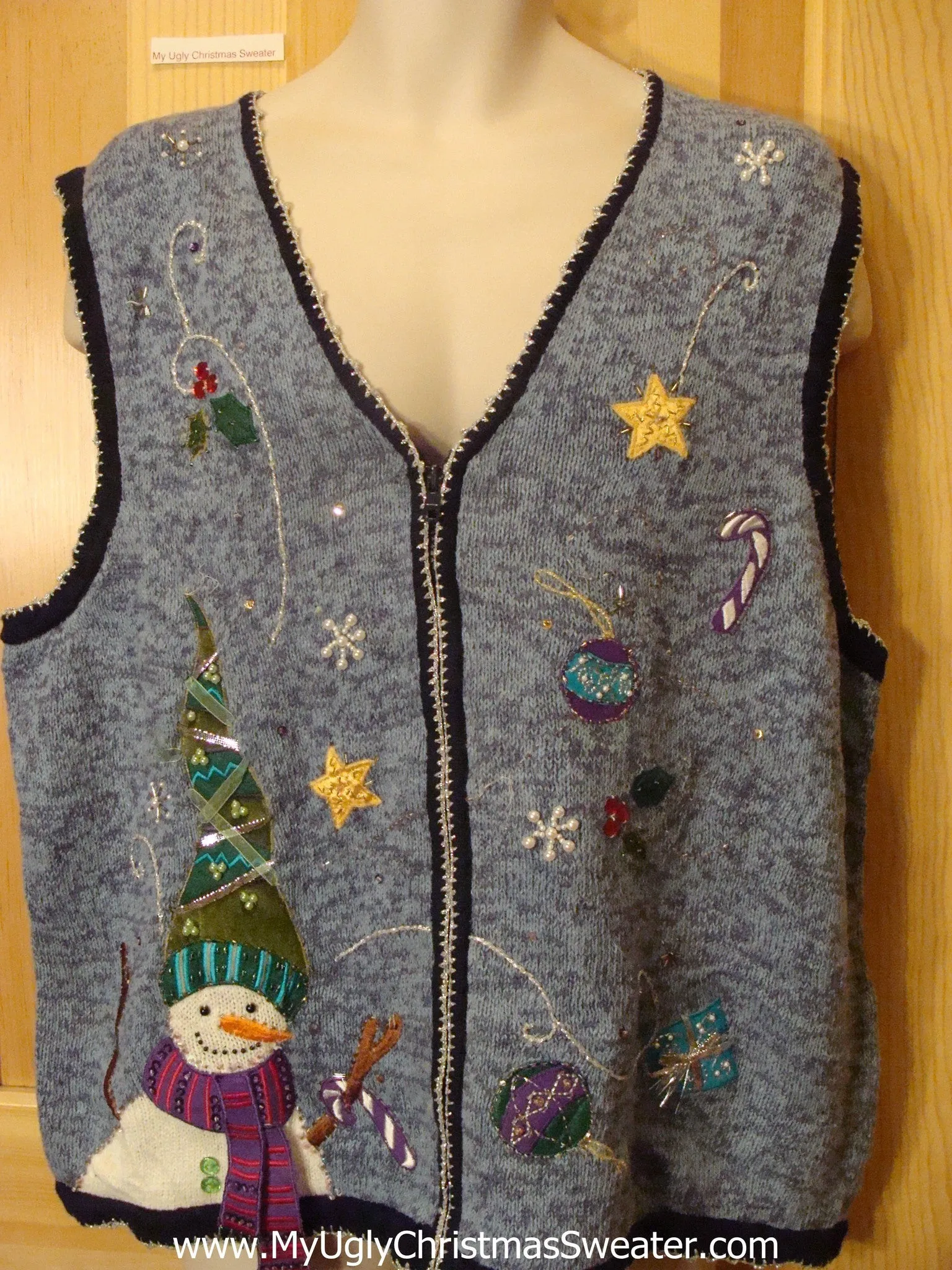 Ugly Christmas Sweater Vest with Snowmen and Ornaments