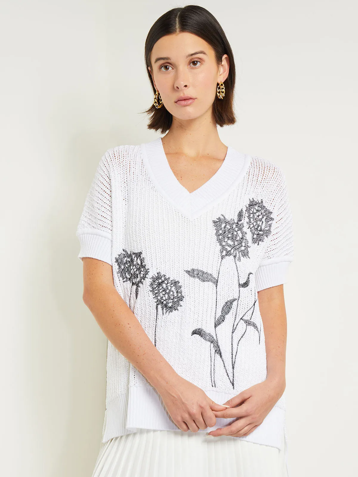 V-Neck Short Sleeve Tunic - Embroidered Crochet Knit