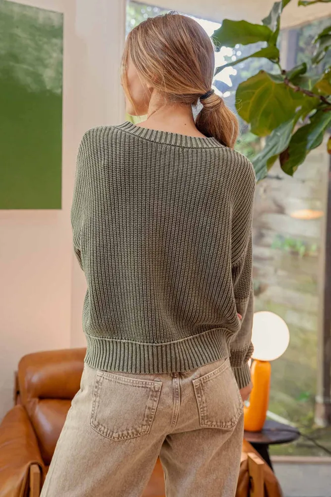 Washed Henley Chunky Knit Sweater in Olive by Blu Pepper