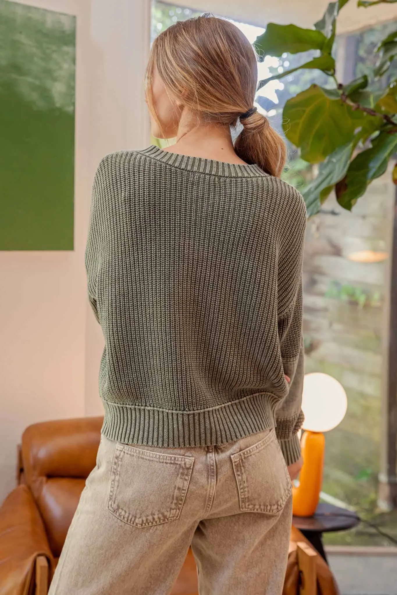 WASHED HENLEY CHUNKY KNIT SWEATER